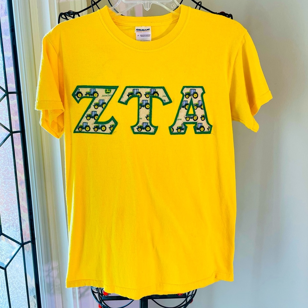 ZETA TAU ALPHA Stitched Letter ZTA Shirt Yellow Green John Deere Tractor SMALL